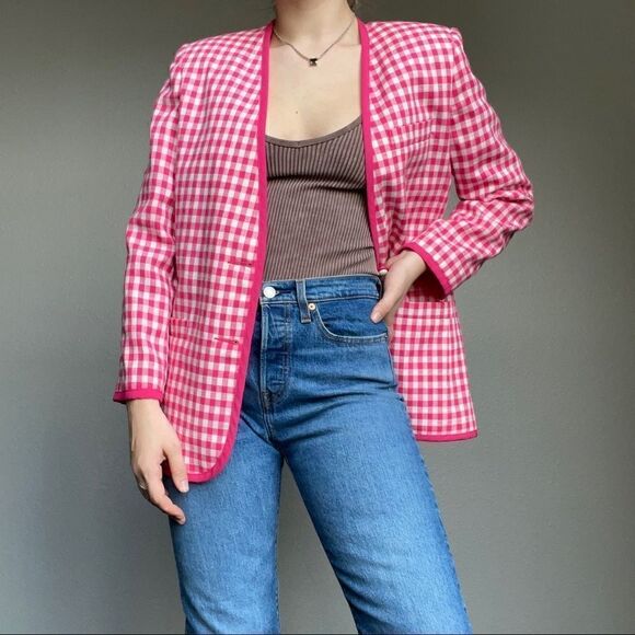 Vintage 80s Pink White Cotton Checkered Preppy Plaid Oversized Blazer Sz M - Picture 2 of 12
